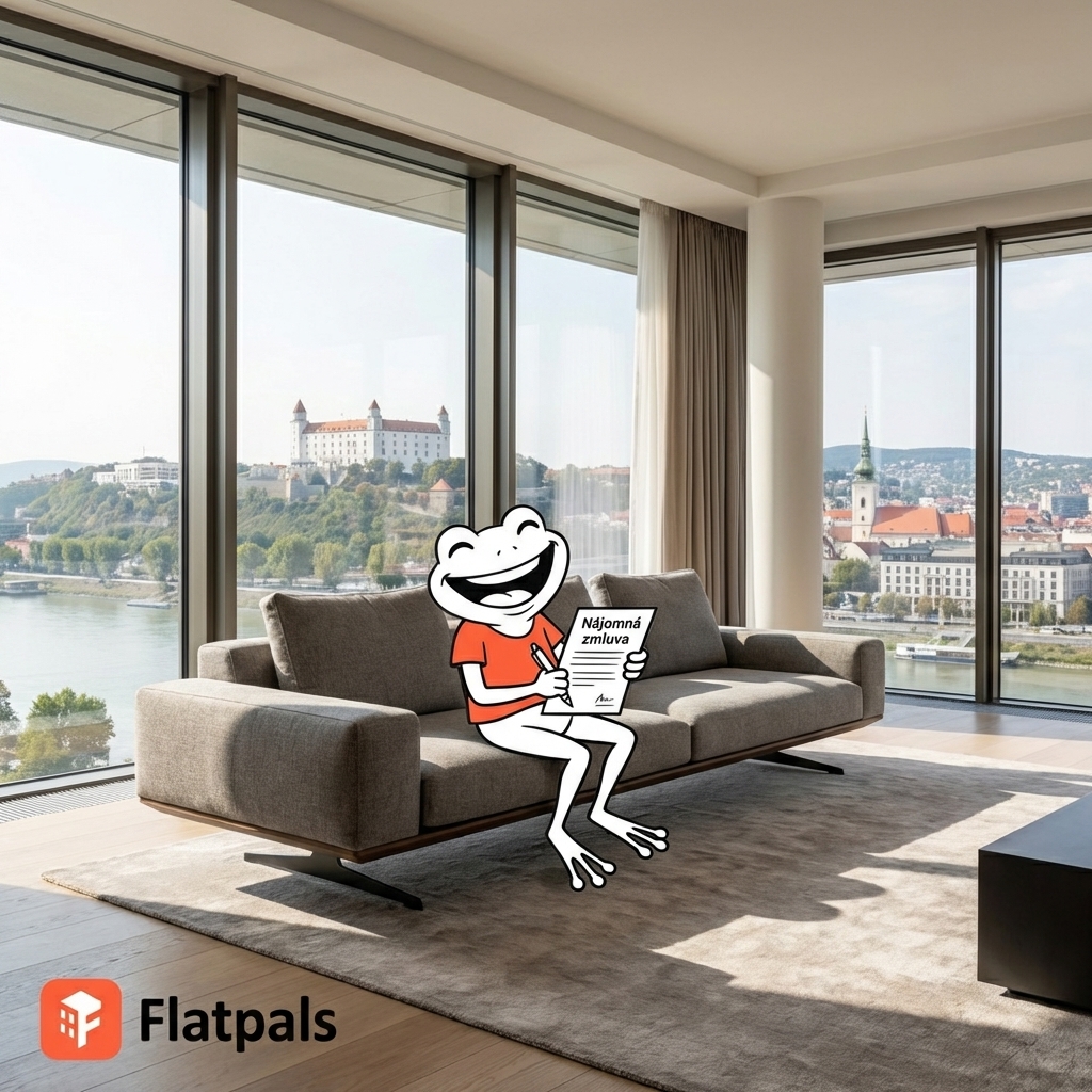 Flatpals-Maskottchen mit Skyline von Bratislava
