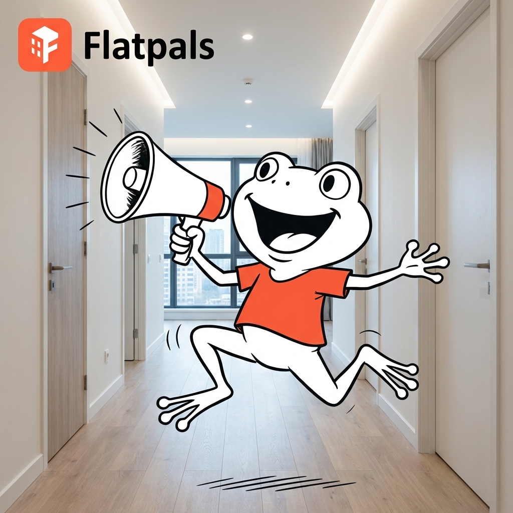 Flatpals-Maskottchen mit freudigem Gesicht und Verstärker